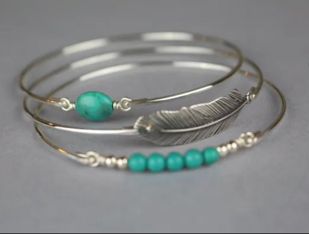 Silver Feather Turquoise Bangle-Western Culture Leather