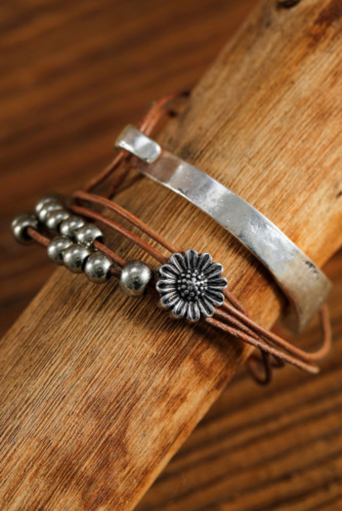 Sunflower Leather wrap and metal cuff-Western Culture Leather